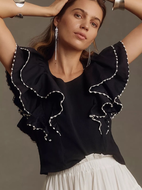 Anthropologie Tops - By Anthropologie Oversized Ruffles Ribbed Top Black White Ric Rac Trim Size L
